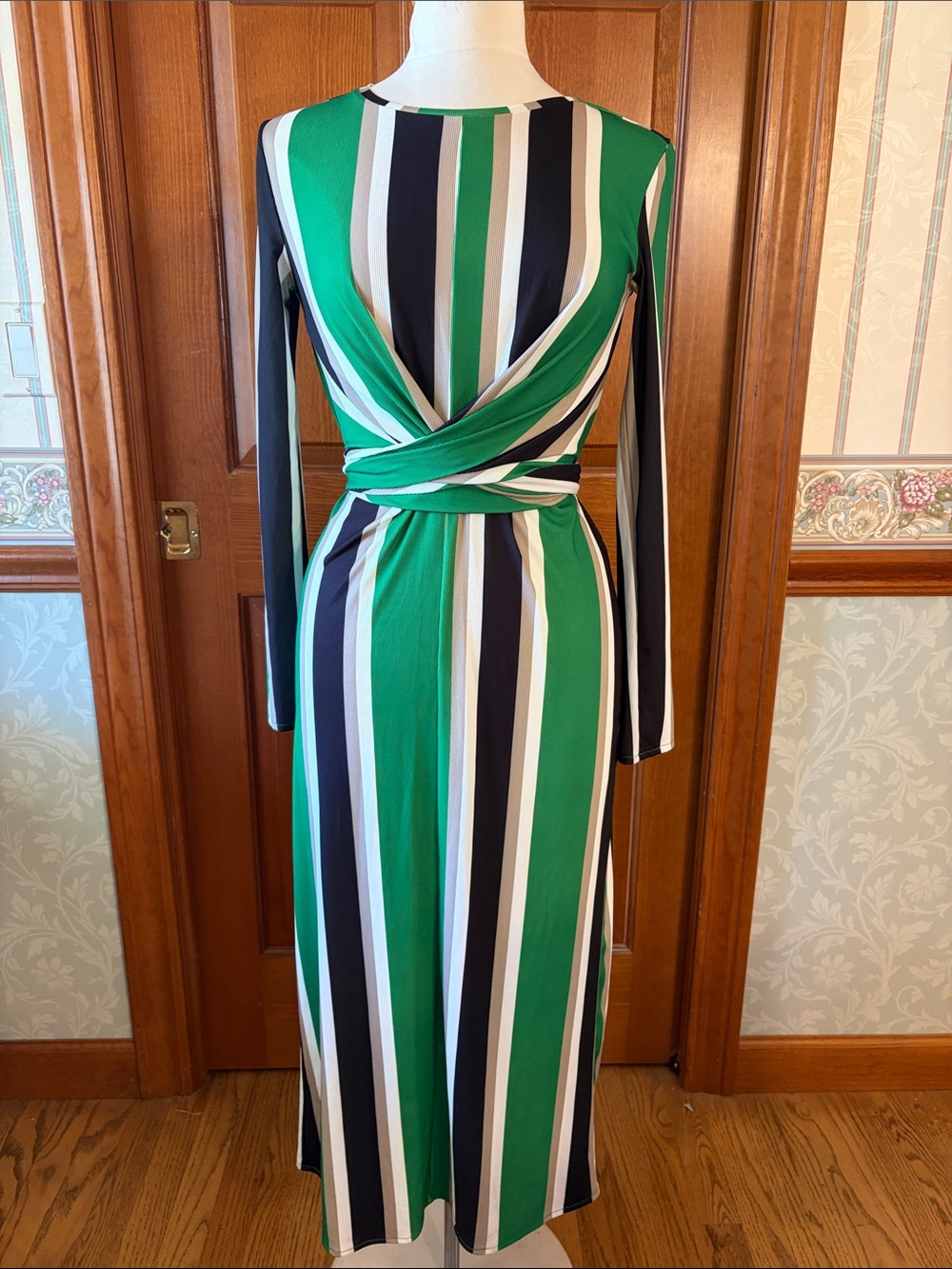 Zara Green Black White Striped Long-Sleeve Wrap Midi Dress. Size Small